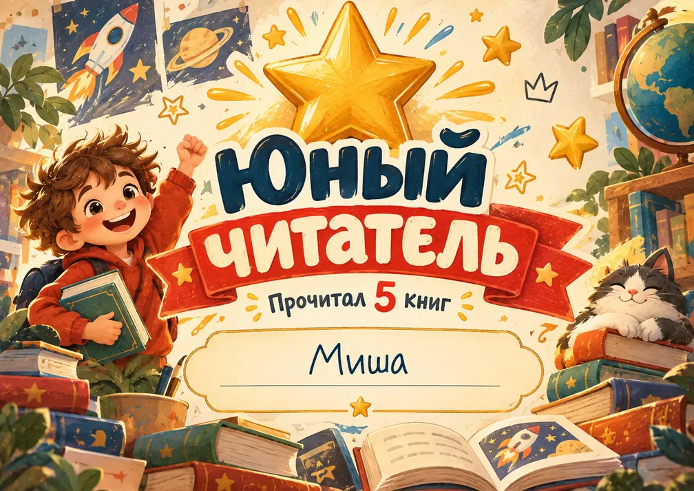 Пример сертификата «Юный читатель»