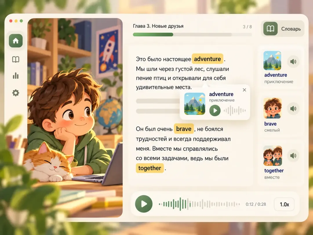 Страница чтения с выделенными английскими словами и письмо родителю: Миша прочитал 3 истории, выучил 15 слов